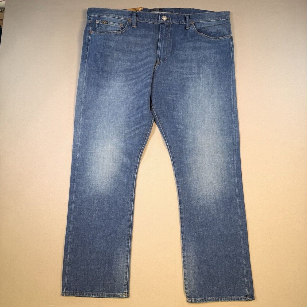 NWT Polo Ralph Lauren Varick Slim Jeans Mens 42x32 Blue Straight Dark Wash Denim